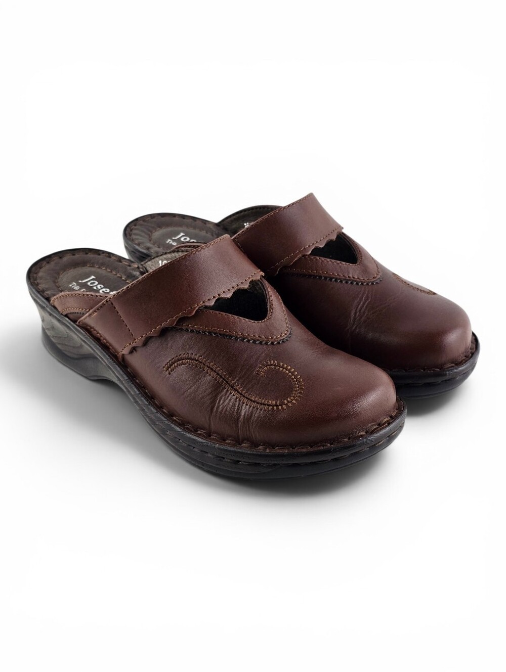 Josef Seibel Women's Brown Leather Embroidered Comfort Wedge Clog Mules 35